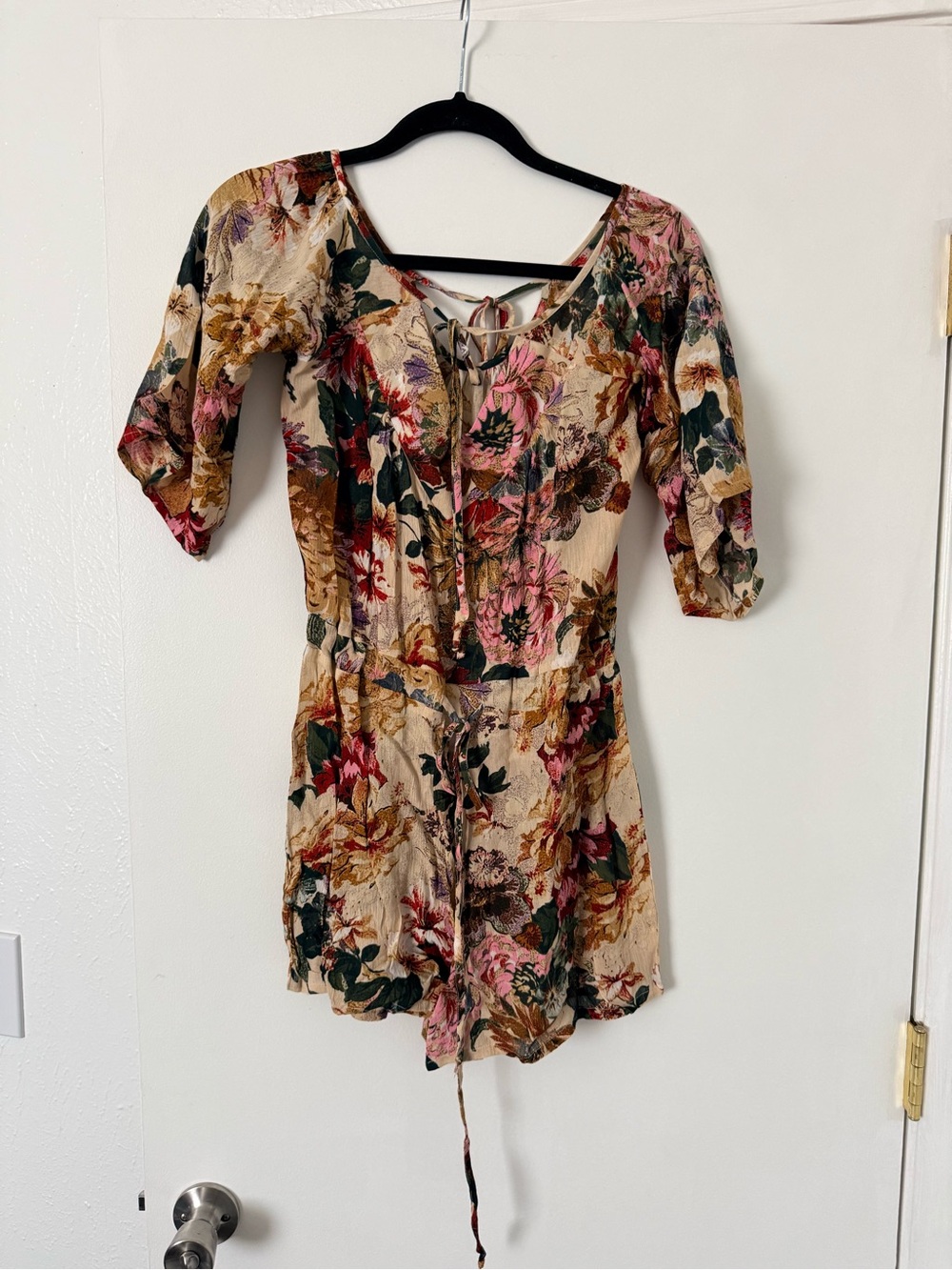 RAGA Cream Floral Tie-Neck Top with Pink & Green Blooms